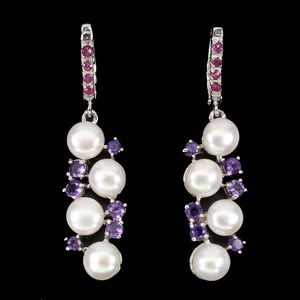 Pearl, Amethyst and Ruby 925 silver earrings